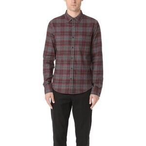Vince Men's Window Shadow Plaid Long Sleeve Woven Shirt Button-Up Red Grey Sz XL